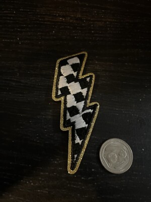 Lightning Bolt Iron On Patch Checkered Gold