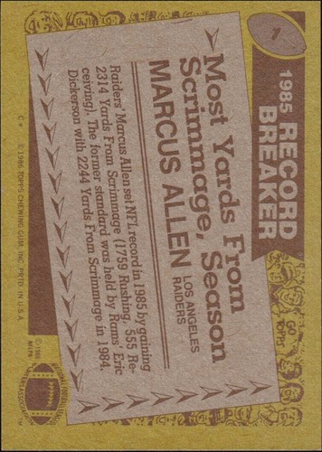 1986 Topps #1 - Marcus Allen Record Breaker - Picture 2 of 2