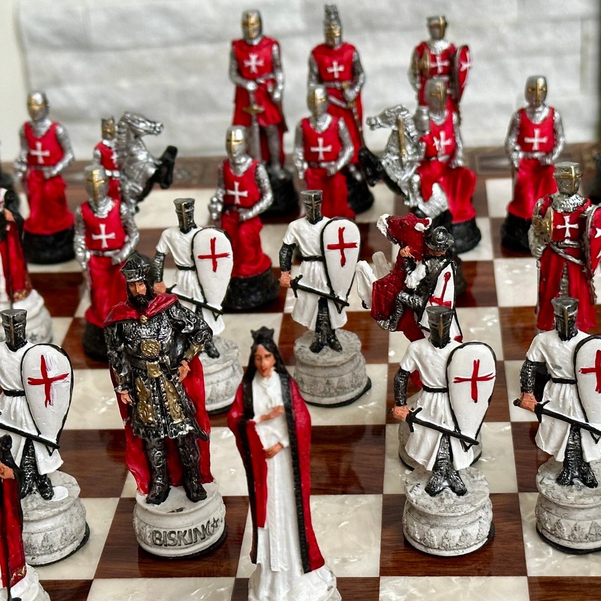 Red & White Crusaders Chess Set Handmade inlaid mother of