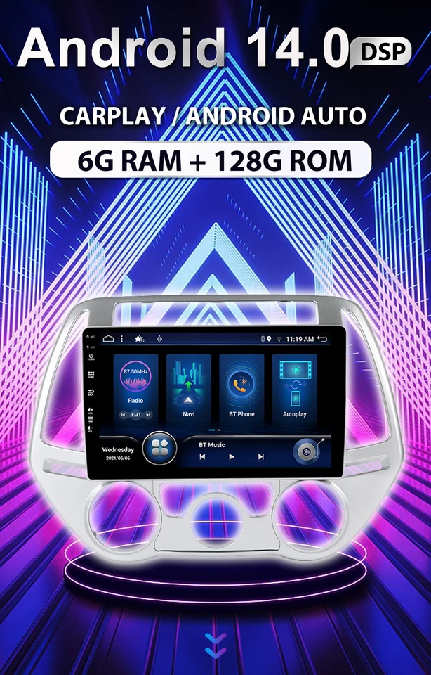 6GB+128GB Autoradio Android 14 Für Hyundai I20 2010-2014 DAB GPS CarPlay DSP AHD - Bild 3 von 4