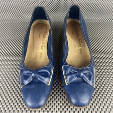 Vintage Salvatore Ferragamo Bow Pumps Womens 7 AA Blue Leather Made in Italy
