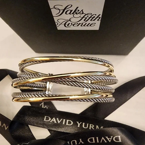 David Yurman Cable Cuff Bracelet Two-Tone 925 Sterling Silver & Gold Tone