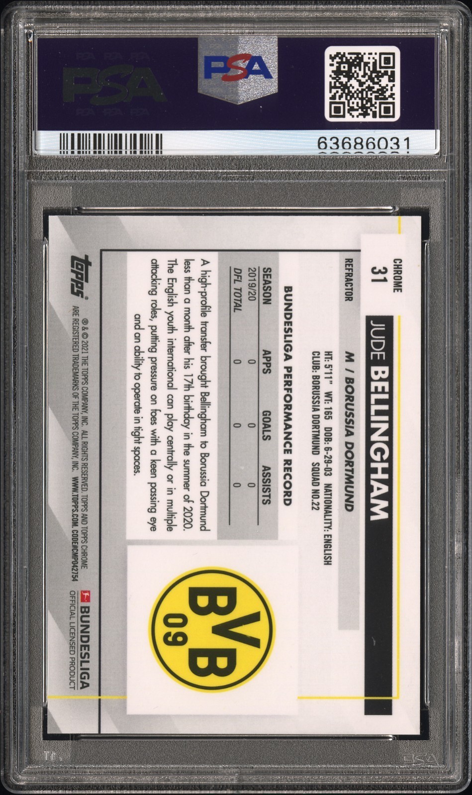 2020-21 Topps Chrome Bundesliga Refractor #31 Jude Bellingham RC PSA 10 Rookie view 2