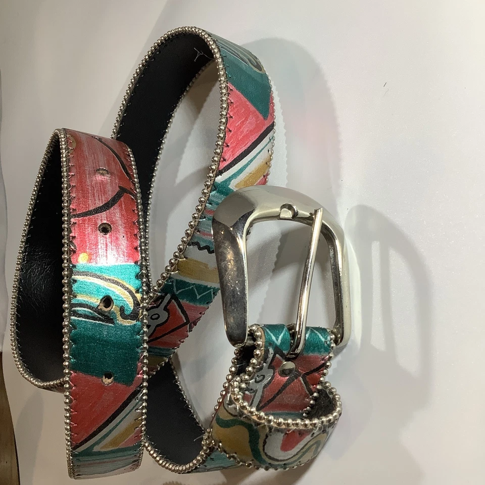 Cinturón Dakota LTD. Vintage Metálico Multicolor Abstracto Plata Hebilla Talla M/L Foto 3 de 4
