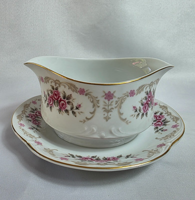 Harmony House Cascade Gravy Boat & Underplate White with Pink Roses Gray Leaves