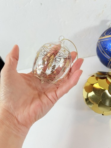Adornos navideños vintage de vidrio soplado a mano azul, dorado y transparente variedad de 5 - Imagen 5 de 11