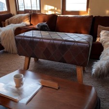 Vintage Brown Tan Leather Stool / Footstool Wood Legs Pommel Horse Style Retro