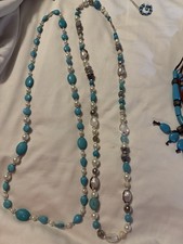 Silver-Tone Beaded Necklace w/ Blue Oval Turq...
