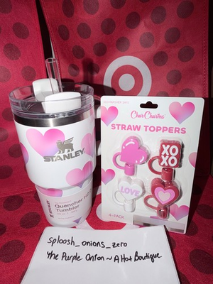 #ad 2026 Valentines Stanley 20 oz Frost Heart White Tumbler CharCharms Straw Toppers $54.99