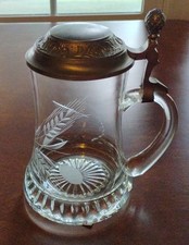 Vintage Quist Etched Glass Beer Stein With Pewter Tipping Lid Bought 1977 READ!