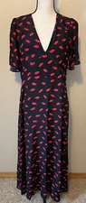 A New Day Maxi Dress, NEW, Black with Red Lip Print, Side Zip, Size 12