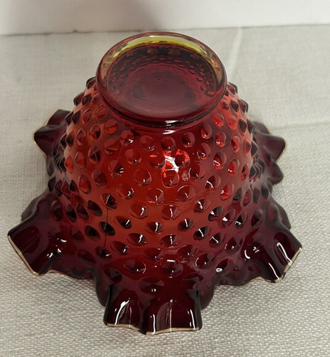 Fenton Amberina Ruby Red Hobnail Rose Bowl Vase Crimped Ruffled 4” UV Reactive - Picture 4 of 18
