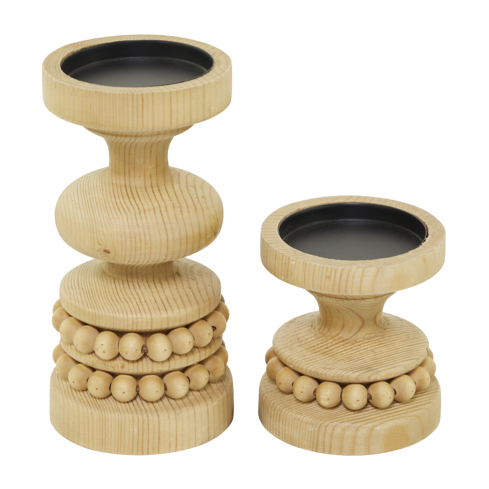 2 Candle Brown Wood Beaded Pillar Candle Holder, Set of 2 SHIP NEW