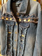Multiples Embellished Blue Denim Cotton Button Front Jacket Women's Lge