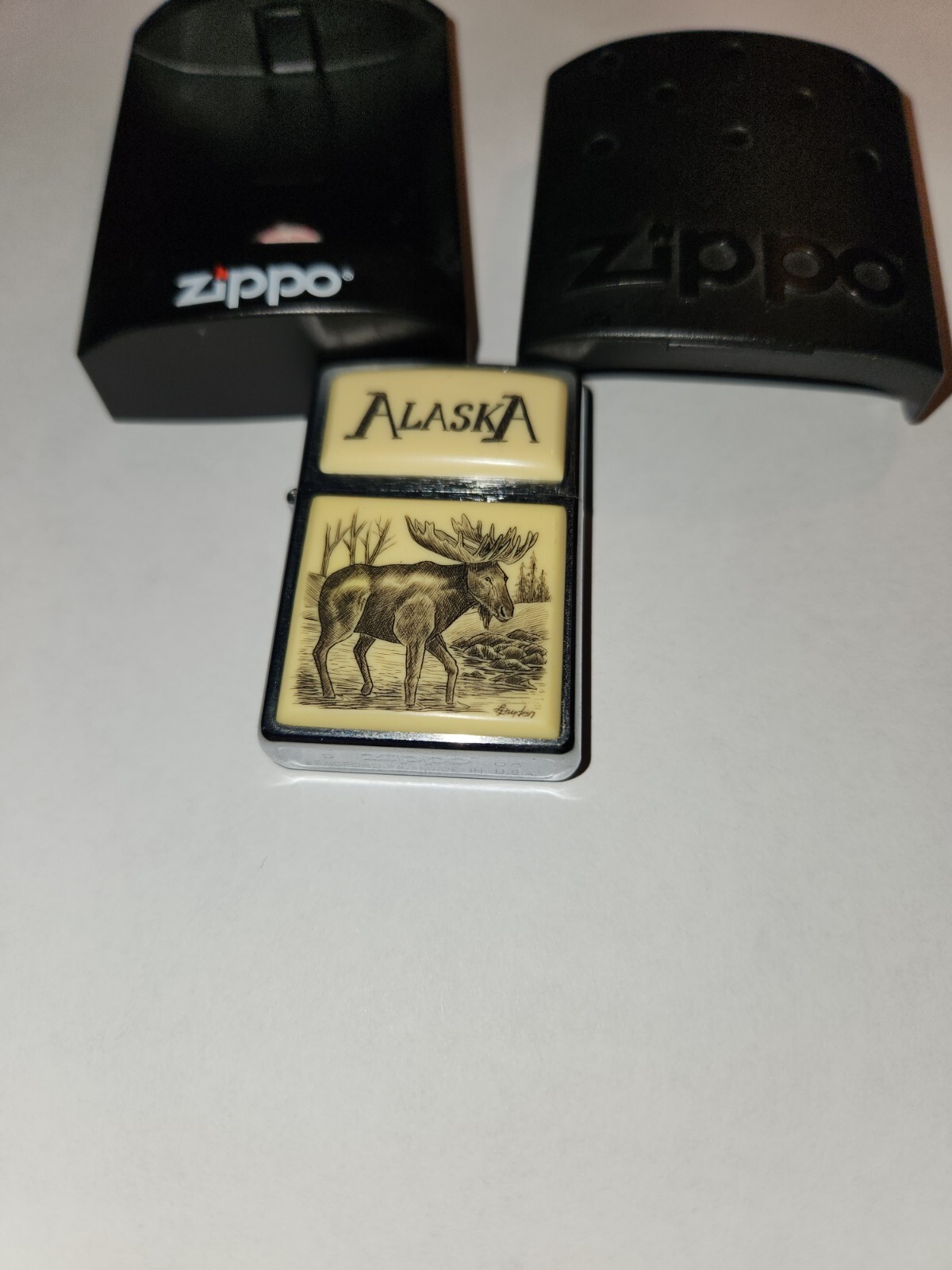 ZIPPO ALASKA MOOSE SCRIMSHAW LIGHTER Original & Perfect Condition eBay