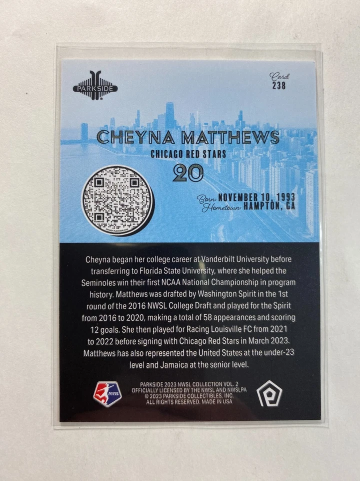 Cheyna Matthews 2023 Chicago Red Stars #238 Parkside Vol 2 NWSL Card - Image 2 of 2
