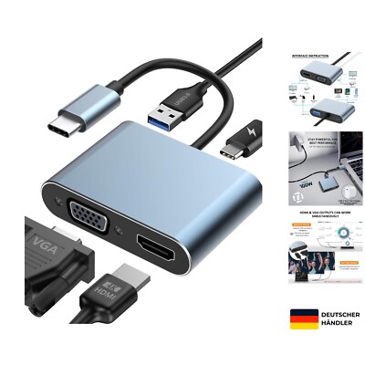 Aplimln USB C auf HDMI VGA Adapter, USB C Multiport 4K@30Hz HDMI Adapter 4 in...
