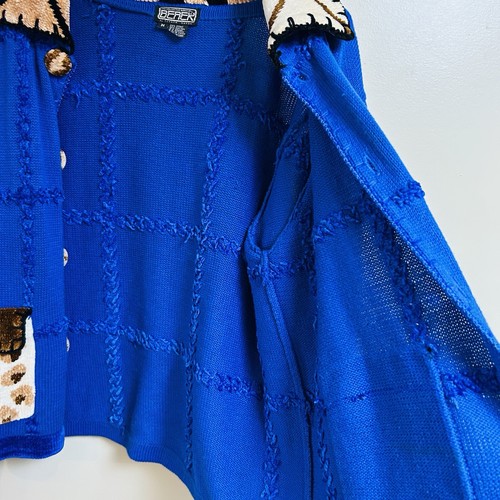 VTG Berek Takako Saxon Sz M Women Blue Animal Print Cardigan Sweater w/Pockets** - Picture 4 of 19