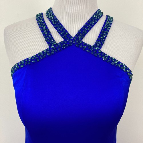 NWT La Femme Bead Trimmed High Halter Satin Prom Gown Size 8 Sapphire Blue 25906 - Picture 3 of 12