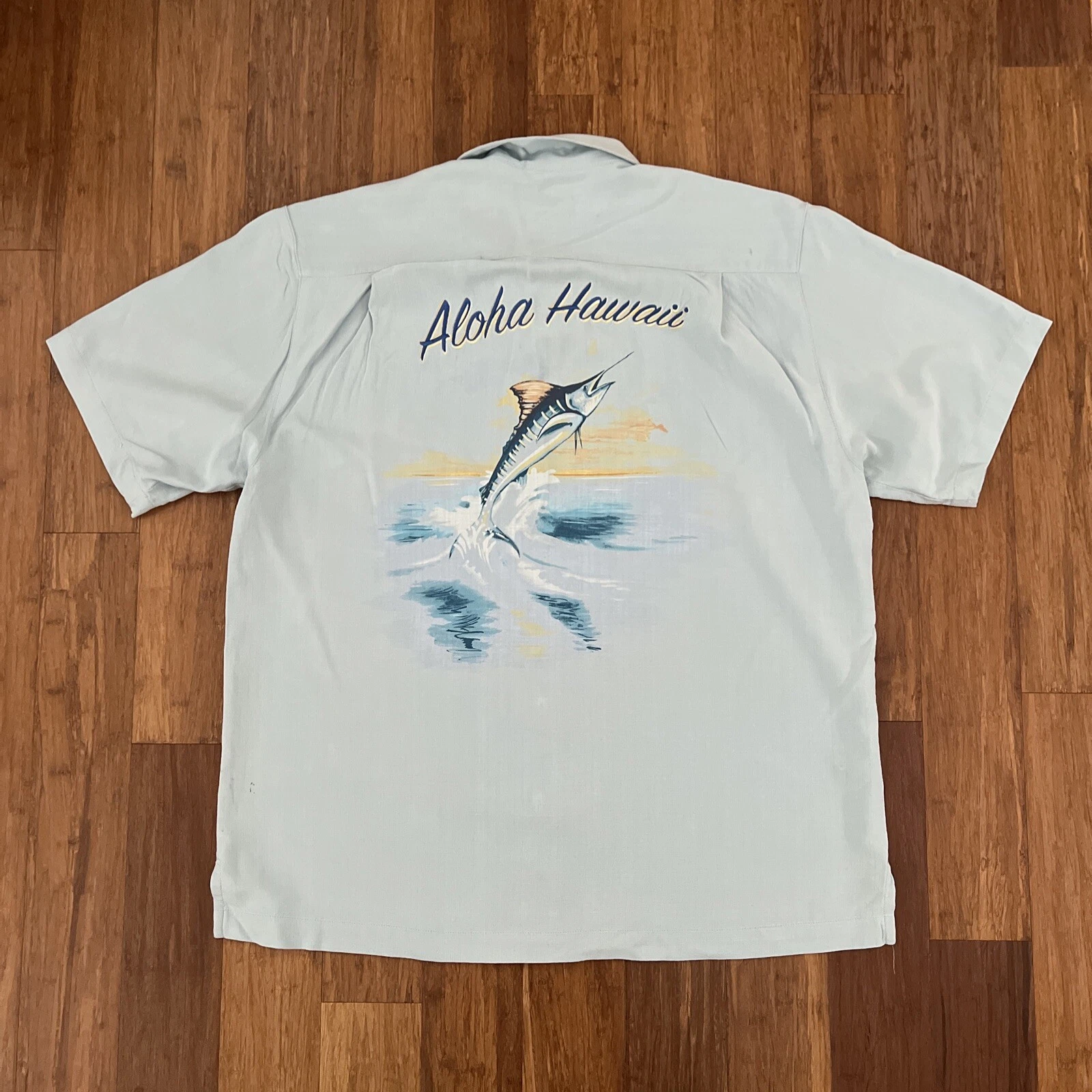 TOMMY BAHAMA ALOHA HAWAIIAN MARLINE SHIRT MES LARGE LIGHT BLUE SILK