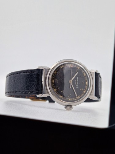Gents Movado Sport Watch Black Gilt Dial Steel Manual Wind Rare Vintage Watch