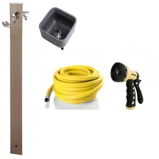 Outdoor Watering Assembly-Dramm Yellow ColorStorm Hose w/ Spray Gun & Water Post