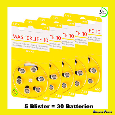 5 Blister (30 Stück) Masterlife HÖRGERÄTE BATTERIE Typ 10 PR70 gelb A10