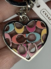 COACH F64507 Signature C Multicolor Heart KeyFob Bag Charm Silver NWT RARE/HTF