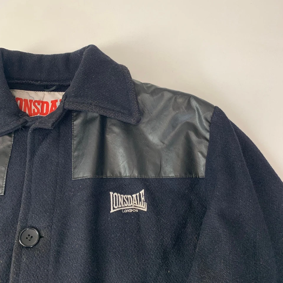 Lonsdale Pea Coat Wool Blend Black Button Large Mens UK L - Image 4 of 4