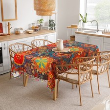 Boho Tablecloth Fringed Edges Farmhouse Floral Table Cover Cloth Decor Kitchen