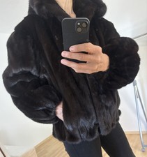 Echt Pelz Bomber Jacke Nerz Kapuze Unisex Herren S-M 46-48 Damen M-L 38-40