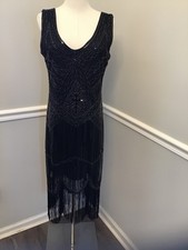 Fundaisy Black Sequin Beaded Flapper Dress Great Gatsby Fringe Art Deco 1920s L
