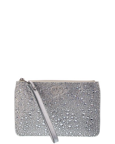 Valentino Vlogo Signature Small Leather Clutch Women's Silver
