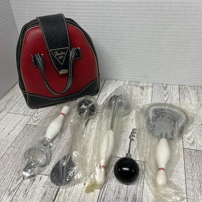 VTG Bowling 300 Bar Set Cocktail Tools Pin & Ball Handles Mini Bag MCM NOS