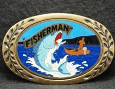 WL11159 COOL VINTAGE 1970s FISHERMAN FISHING ARTWORK SOLID BRASS BELT BUCKLE