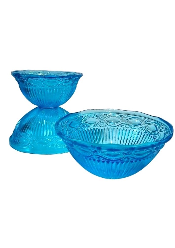 Vintage Blue Glass Nesting Bowls with Ribbed Sides and Decorative Rim