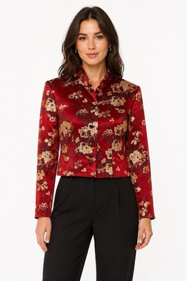 MSK Asian Inspired Silk Blend Jacket Blazer S  Red Floral Brocade Old Money