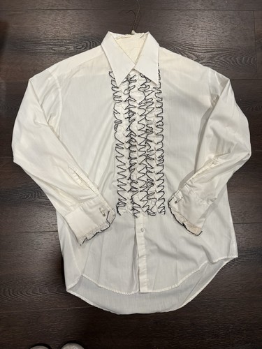 1970's Vintage After Six Fashion White Black Ruffled Shirt Long Sleeve Size L 2