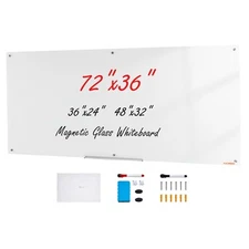 Uimoso Magnetic Glass Whiteboard Dry-Erase Board 72"x36" Wall Mounted with Tray