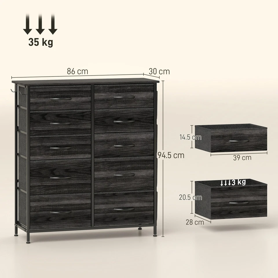 HOMCOM Fabric Chest of Drawers, 10 Drawer Dresser for Bedroom, Black - Image 3 of 4