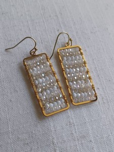 Handmade Shimmery Beaded Rectangle Earrings Goldtone Drop Dangle Artisan 
