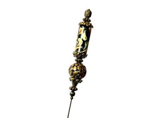 Hatpin with Vintage Tibetan Design & antique Bronze & Hand Made Artisan Ceramic - Picture 3 of 13