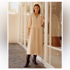 EVERLANE Tencel Puff Sleeve Midi Dress Size Medium Neutral Beige Minimal Pockets