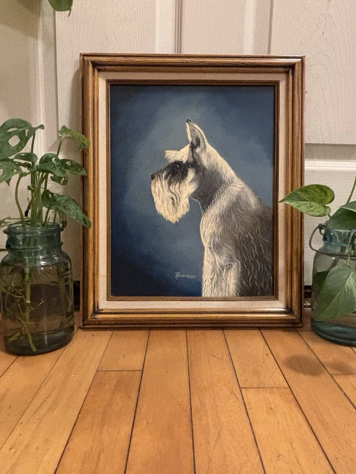 Juego de 2 retratos de pintura al óleo conmemorativa vintage de perros Schnauzer, arte de pared para perros Foto 4 de 4