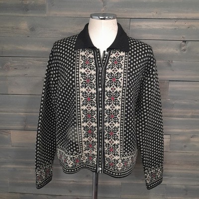 Jones New York Cardigan Sweater Womens M Black Fair Isle Button Up 100% Wool