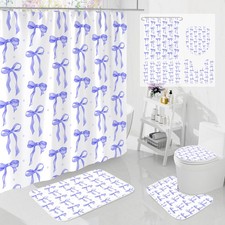 4Pcs Cute Purple Bow Shower Curtain Sets with Rug, Lid Cover and Bath Mat, Ae...