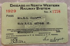 RAILROAD PASS Chicago & North Western Railway System 1929 Train Ticket