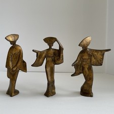 Vintage MCM Japanese Set 3 Dancing Geisha Figurines Bronze Gilded Cast Iron