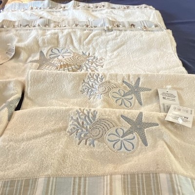 Kassatex Embroidered Seashell Nautical Cotton 4pc Towel Set Beige/Blue 30x57