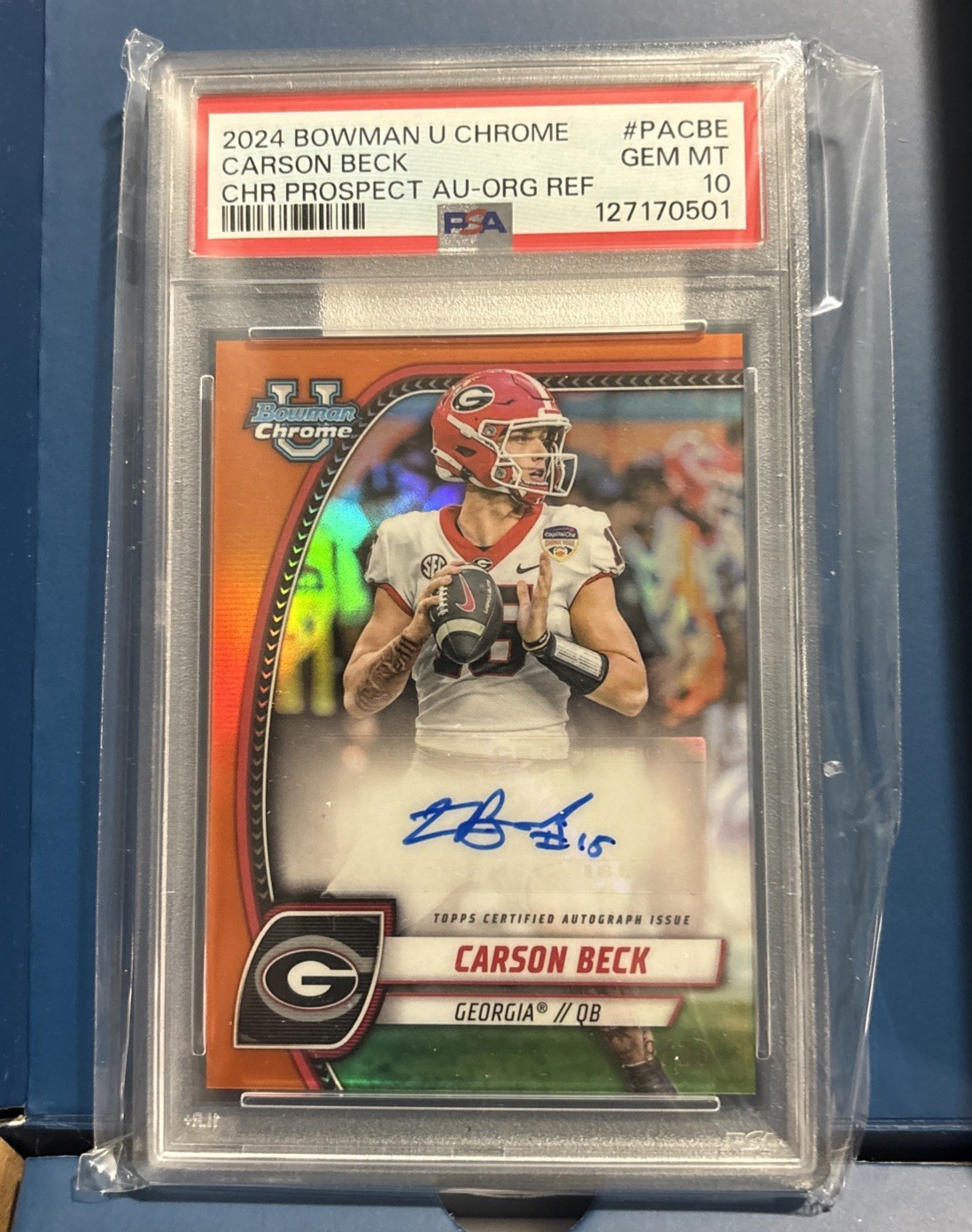 Carson Beck 2024 Bowman University Chrome Prospects Auto Orange /25. Gem MT 10